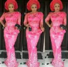 Hot Pink Aso Ebi Prom Klänning Lace Appliques Sheer Sleeves Mermaid Plus Size Aftonklänningar Peplum Golvlängd Kvinnor Formell Wear Vestidos