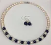 7-8mm Real White Akoya Hodowana Pearl / Lapis Lazuli Naszyjnik Zestaw Kolczyki