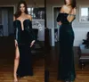 Dark Green Velvet Evening Gowns 2017 Off Shoulder Long Sleeves Open Back Prom Dresses Side Split Mermaid Cocktail Formal Party Dress