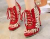 Newest red black gold strap patchwork lace up high heel sandals wedding shoes