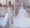 Luxo Lace Sereia Vestidos De Casamento Com Trem Destacável 2017 Mais Novo Sheer Neck Mangas Compridas Vestidos de Noiva Apliques de Volta Botões Vestidos