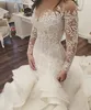 Artı beden moda deniz kızı gelinlik varış dantel uzun kollu müslüman vestido de noiva romantik aplikler fırfırlar