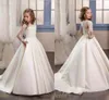 Elegant White Sheer Long Sleeves Girls Pageant Dresses Princess A Line Satin Lace Flower Girl Dresses For Weddings Party First Communion