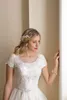 Abito da ballo Abiti da sposa modesti con maniche Increspature di pizzo con perline Chiffon Abiti da sposa modesti Maniche ad aletta Bottoni Indietro Abiti da sposa country