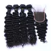 Brazilian Deep Wave Curly Hair 3 Bundles with Closure Free Middle 3 Part Double Weft Human Hair Dyeable Human Hair Weave