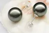 Pearl Jewelry Uroczy Ogromne 10-11mm Tahitian Black Round pearl Kolczyk 18K