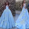 خارج الكتف العنق الكرة ثوب فساتين السهرة مع مطرز الرباط يزين الأزرق فستان حفلة موسيقية vestido formatura حزب اللباس