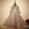 ウェディングスパンコールボールガウンビーズレースアップリケ安い女の子聖体拝領のドレスのためのエレガントな長袖の花の女の子のドレス