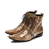 2019 New Arrival Jesień Zimowe Mężczyźni Buty Moda Rock Siły Palec High Zwiększone Western Short Boots Gold Snake Wzór, Duży Rozmiar 38-46