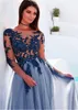 Norme da scollatura bateau Abiti da sera aline con applique in pizzo Vedi attraverso abiti da ballo blu Vestidos de formatura3604388