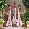 Venda quente Satin Lace Sexy Sereia Lilac dama de honra vestidos 2020 Robe Mariage Vestido Longo Espaguete Correias Backless Court Train
