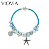 Groothandel- VIOVIA Zomerstijl Blauw Lederen Armbanden Armbanden Zeeschildpad Star Shell Charm Murano Glas Kralen Armband Voor Vrouwen B15180