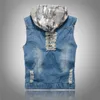 Wholesale- Mens Denim Jean Vests with Hooded Ripped Washed Vintage Blue Zipper Closure Sleeveless Jacket