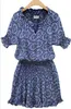 C3064 Summer Women's Florals Dress V Neck Short Sleeve Slim Waist Casual Lady's Female Dresses Blue