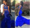 Royal Blue Two Pieces Jurken Party Avondslijtage Hoge Neck Beads Kant Layered Mermaid Prom Dress Long Rits Back Homecoming Jurk