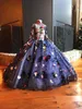 Colorful Handmade Flower Appliques Girls Pageant Gowns 2017 High Neck Long Sleeves Navy Blue Ball Gown Flower Girl Dresses For Wedding