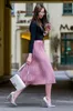 Fashion Street Style Women Skirts High Waist Pleated Satin Tea Length Midi Skirts For Women Spring Autumn Maxi Skirts