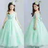 Adorável 2017 Mint Verde Organza Princesa Flor Meninas Vestidos Para Casamentos Espaguete Manga Curta Até O Chão Meninas Pageant Vestido de EN4196