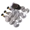 Silvergrå ombre mänskliga hårväv med spetslås Två ton 1b Grå ombre 4x4 spetslås med 3bundles kroppsvåghår