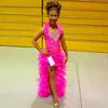 2022 Söta flickor Jultävlingsklänningar Fuchsia Organza Crystal High Low Little Kids For Wedding Halter Glitz Cupcake Kids Party Dress
