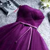 Mor Gelinlik Modelleri Diz Boyu Straplez Dantel-up Geri Işık Gri Pleats Tül Düğün Parti Elbise Ucuz Yaz Tarzı