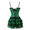 Women's sexy cup corset with straps green satin Bustier and black/green lace mini skirt party Showgirl body slimming