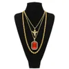 Mannen Hiphop Sieraden Lange Touw Ketting Iced Out Vol Strass Engel Met Vierkante Rode 3 lagen Hanger Ketting Set223w