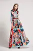 女性用Oネック長袖ボウのディテール花柄の印刷された縞模様のプリーツエレガントなマキシ滑走路ドレス