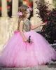 Allık Pembe Tül Çiçek Kız Elbise Yeni Sparkly Altın Sequins En Hollow Geri İlk Communion elbise Balo Prenses Elbiseler