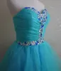 Vackra tjejer korta prom dreses med kristaller 2019 vestidos de curto turkos prom klänningar organza mini kjol spets upp back party klänningar