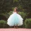 Nane Yeşil Tül Çiçek Kız Elbise Plaj Düğün Için 8 Yaşındaki Balo Kız Pageant Elbise Boncuk Çay Boyu Communion Abiye
