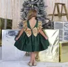 2017 темно-зеленое праздничное платье для девочек длиной до колена с атласными рюшами и блестками, милое платье принцессы для детей на день рождения, вечеринка по случаю возвращения на родину, gow278E