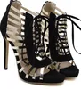 Newest red black gold strap patchwork lace up high heel sandals wedding shoes