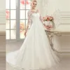 Three Quarter Sleeve Lace Applique Wedding Dresses See Through A-line Buttons Back Bridal Dress robe de soiree longue