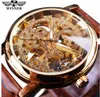 Vinnare Transparent Golden Case Luxury Casual Design Brown Leather Strap Mens Klockor Top Brand Luxury Mechanical Skeleton Watch