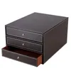 3 Layers Wood Leather Desk Set Filing Cabinet Storage Drawer Box Office Organizer Document Container Holder Black ZA4637244j
