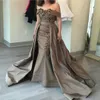 Satin Off The Shoulder Evening Gowns Arabia Beads Mermaid Prom Dresses With Overskirts Sweep Train Mother Of Bride Formal Party Dress