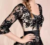 2021 Champagne Black Lace Appliques Korte avondjurk 34 Sheeves Tea Lengte Bridal Jurk Zwart formele jurk prom -jurken2575985