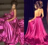 Fushia Deep V Neck Prom Dresses Sexy Spaghetti Backless Evening Gowns Satin Sweep Train Formal Party Dress Cheap Vestidos