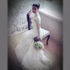 Lujo 2017 de cuello alto de encaje de manga larga sobrefalda vestidos de novia con tren de la catedral desmontable vestido de novia largo con cuentas por encargo EN11233