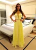 Elegant Chiffong Lace Jewel Neckline A-Line Prom Klänning Med Pärlor Rhinestones Sash Yellow Afton Dress Illusion Back Vestidos de Gala