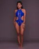 Svartblå Klipp ut Bodysuit Kvinnor Sexig Sheer Mesh Baddräkt Halter Neck Leotard Backless One Piece Bodycon