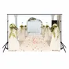 Romantische witte tapijt bruiloft achtergronden rode rozenblaadjes zachte valance groene bladeren bloemen standachtergronden 10x8ft