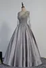 Modeste dentelle-appliques à manches longues perles une ligne robe de bal voir à travers corsage gris satin longues robes de soirée corset dos robe de soirée