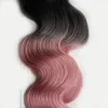 Rey ombre Fita de cabelo humano em extensões do cabelo da onda do corpo 100g 40 pcs # 1B / Rosa fita ombre em extensões de cabelo humano