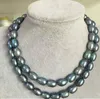 collana di perle blu nere naturali di Tahiti a doppio filo da 11-13 mm 35"