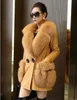 2017 novas mulheres de luxo natural gola de pele de raposa grandes bolsos de pele genuína pele de carneiro de couro pato branco para baixo médio longo parka cintura fina casaco