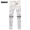 Wholesale- Mens Designer Slim White Ripped Holes Jeans Pants Skinny Biker Distressed Jeans Knee Zipper Design Streetwear