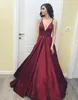 2019 wein prom kleider neue design sexy tiefem v-ausschnitt spaghettibügel sweep zug satin burgund festzug kleider lange prom frauen kleider abend