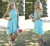 Kraj Krótkie Suknie Druhna Dresses Mint Halter Neck Szyfon Wysoki Low Ruched Summer Boho Backless Wedding Guest Party Honor Dresses